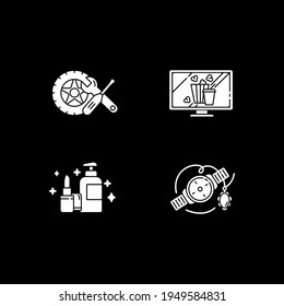 Online Retail White Glyph Icons Set For Dark Mode. Car And Auto Parts. Home Entertainment. Online Store Department. Silhouette Symbols On Black Background. Vector Isolated Illustration Bundle