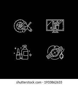 Online Retail White Linear Icons Set For Dark Theme. Car And Auto Parts. Home Entertainment. Night Mode Customizable Thin Line Symbols. Isolated Vector Outline Illustrations. Editable Stroke