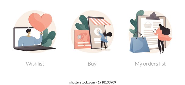 Online retailer abstract concept vector illustration set. Online shopping wishlist, buy product in stock, retail store, my orders list, shopping cart, user account, ecommerce abstract metaphor.