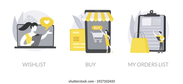 Online Retailer Abstract Concept Vector Illustration Set. Online Shopping Wishlist, Buy Product In Stock, Retail Store, My Orders List, Shopping Cart, User Account, Ecommerce Abstract Metaphor.