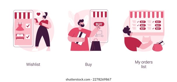 Online retailer abstract concept vector illustration set. Online shopping wishlist, buy product in stock, retail store, my orders list, shopping cart, user account, ecommerce abstract metaphor.