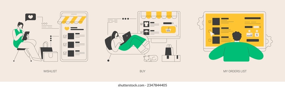 Online retailer abstract concept vector illustration set. Online shopping wishlist, buy product in stock, retail store, my orders list, shopping cart, user account, ecommerce abstract metaphor.