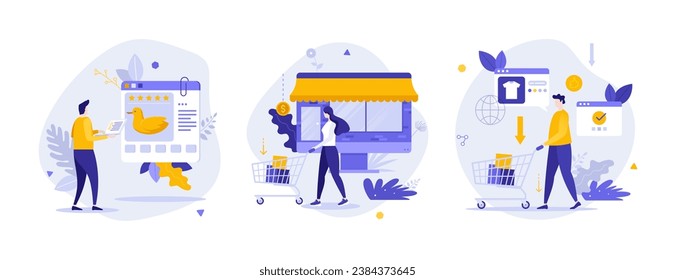 Online retailer abstract concept vector illustration set. Online shopping wishlist, buy product in stock, retail store, my orders list, shopping cart, user account, ecommerce abstract metaphor.