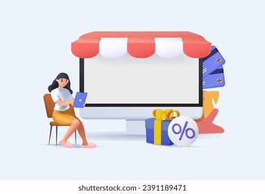 Online retailer abstract concept vector illustration 3D. Online shopping wishlist, buy product in stock, retail store, my orders list, shopping cart, user account, ecommerce abstract metaphor, 3D