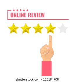 Online review. Concept of feedback, testimonials messages. Rating on customer service. The clients finger points to the star rating. Vector illustration
