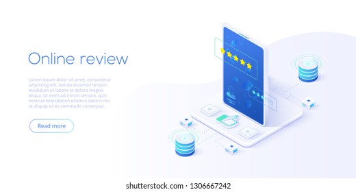 Online review concept in isometric vector illustration. Customer survey or reputation rating via mobile internet on smartphone. User feedback service on product or app. Web banner layout template.