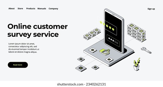 Online review concept in isometric vector illustration. Customer survey or reputation rating via mobile internet on smartphone. User feedback service on product or app. Web banner layout template.