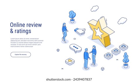 Online review concept in isometric vector illustration. Customer survey or reputation rating via mobile internet on smartphone. User feedback service on product or app. Outline isometric line style.