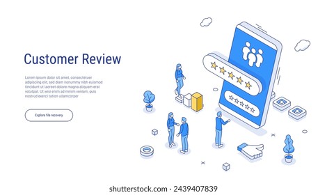 Online review concept in isometric vector illustration. Customer survey or reputation rating via mobile internet on smartphone. User feedback service on product or app. Outline isometric line style.