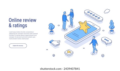 Online review concept in isometric vector illustration. Customer survey or reputation rating via mobile internet on smartphone. User feedback service on product or app. Outline isometric line style.