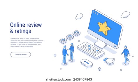 Online review concept in isometric vector illustration. Customer survey or reputation rating via mobile internet on smartphone. User feedback service on product or app. Outline isometric line style.