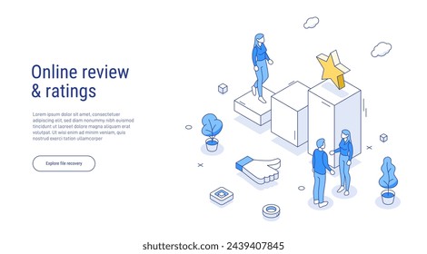 Online review concept in isometric vector illustration. Customer survey or reputation rating via mobile internet on smartphone. User feedback service on product or app. Outline isometric line style.