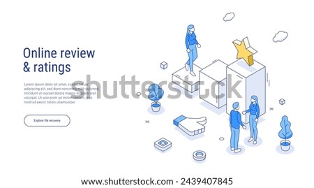 Online review concept in isometric vector illustration. Customer survey or reputation rating via mobile internet on smartphone. User feedback service on product or app. Outline isometric line style.