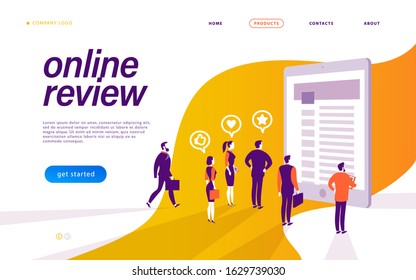 Online Review Concept. Landing Page Design, Interface Template, Mobile App, Ui. Tiny People Standing At Big Tablet. Vector Flat Illustration.