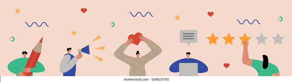 Online review concept. People give customer feedback, leave testimonials, evaluate customer experience. Flat vector illustration of a group of men and women writing recommendations, giving feedback