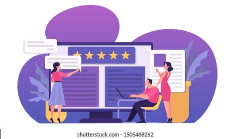 Online Review Concept. People Leave Feedback, Good And Bad Comment. Star Rating, Idea Of Survey And Evaluation. Isolated Vector Illustration In Cartoon Style