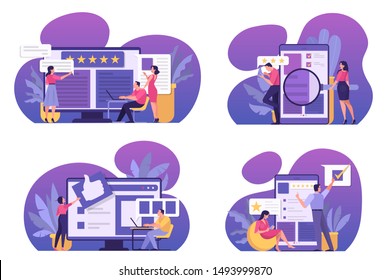 Online review concept set. People leave feedback, good and bad comment. Star rating, idea of survey and evaluation. Isolated vector illustration in cartoon style