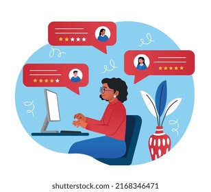 Online review concept. Woman at laptop chooses specialist, hr manager looking for employees. Entrepreneur hires freelancers online. Feedback and users opinion. Cartoon flat vector illustration