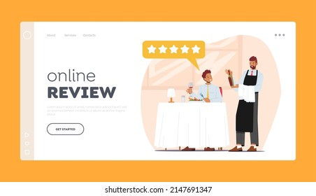 Online Review Landing Page Template. Food Critic Ordering Wine in Restaurant, Expert or Blogger Trying Food and Reviewing. Satisfied Foodie Character Sit at Table. Cartoon People Vector Illustration