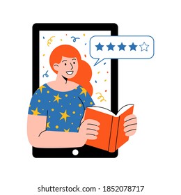 Online review, literature lover blog concept. Redhead woman holding book on the smartphone screen. Minimalist flat vector illustration with cartoon character for social media, advert or web banner. 
