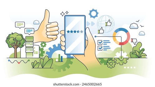 Online review management for service feedback monitoring outline concept. Customer satisfaction research with ratings, opinions and evaluation vector illustration. Website or mobile app ranking.