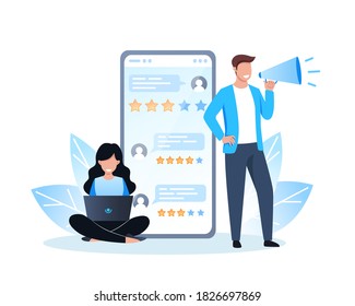 Online review, people giving feedback using the mobile app. Reviews of people on the smartphone screen