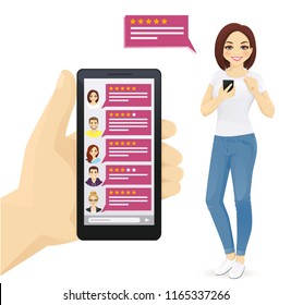 Online review rating bubble speeches on mobile phone vector illustration. Woman holding smartphone and touching the screen.