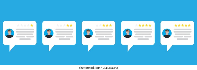 Online review sign. User feedback. Rating customer. Social message. Blue background. Vector illustration. Stock image. 