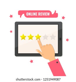 Online review. Star rating. Feedback concept. Review rating on tablet computer. Vector illustration flat design.