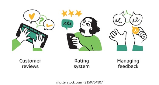 Online review system development - set of business concept illustrations. Customer reviews, Rating system, Managing feedback. Visual stories collection