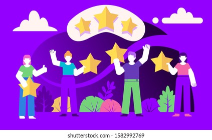 Online review, website feedback, user rating. Group of people hold rating stars. Poster for social media, web page, banner, presentation. Violet design vector illustration