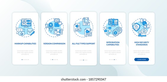 Online reviewing tool features onboarding mobile app page screen with concepts. Markup, vision comparison 5 steps graphic instructions. UI vector template with RGB color illustrations