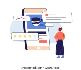 Online reviews and feedback concept. Client studying internet ratings, customer comments, recommendations, service quality ranking in phone app. Flat vector illustration isolated on white background