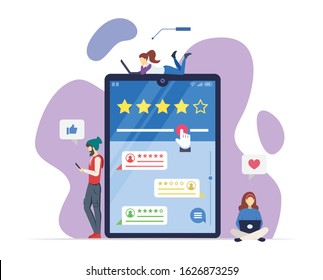 Online reviews semi flat RGB color vector illustration. User experience. Customer satisfaction. Consumer feedback. Positive, negative comments. Quality evaluation. Isolated cartoon character on white