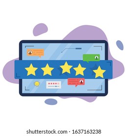 Online reviews semi flat RGB color vector illustration. Customer satisfaction. Consumer feedback. Star rating scale and comments. Quality evaluation. Isolated cartoon character on white