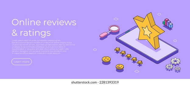 Online revuews concept. Giving Five Star Feedback. Choosing Satisfaction Rating. Customer Service and User Experience Concept. Flat Isometric Vector Illustration.