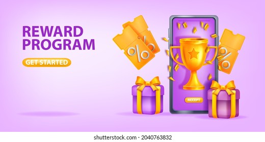 Anuncio de bono de recompensa en línea de fondo vectorial, programa de fidelidad de referencia banner 3D, pantalla de smartphone. página de inicio de promoción de Internet con descuento, copa de oro, caja de regalo virtual, premio de regalo virtual. Recompensa en línea