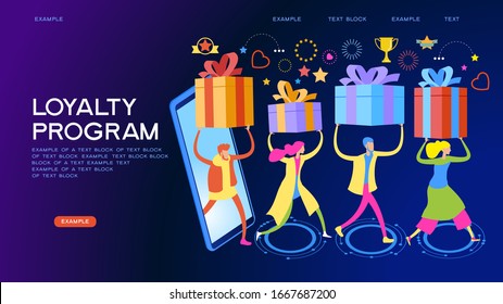 Online Reward Concept. Digital Referral Program. People Receive A Gift Box. Web Baner For Landing Page. Template, Homepage, Poster, Ui, Coupon, Flyer. 3d Isometric Vector Illustration.