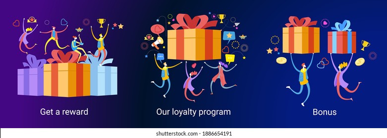 Online reward concept. Digital referral program. People receive a gift box. Web baner for landing page. Template, homepage, poster, ui, coupon, flyer. 3d isometric vector illustration.