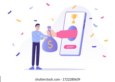 Online reward concept. Happy man receive a coin sack from hand popping from smartphone screen. Digital referral and reward program. Online income. Modern isolated vector illustration