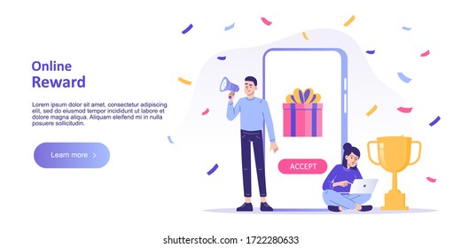 Online reward concept. Happy people receive a gift box from smartphone. Digital referral and reward program. Online store or shop loyalty program and bonus. Landing page template. Vector illustration