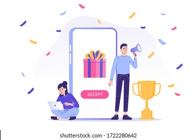 Online reward concept. Happy people receive a gift box from smartphone. Promotion of digital referral and reward program. Online store or shop loyalty program and bonus. Vector isolated illustration