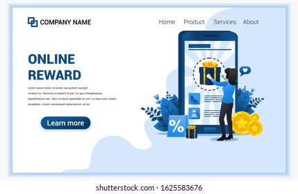 Online reward concept with a woman get a bonus gift box from the loyalty program. Can use for landing page web banner, infographics, landing page, web template. Vector illustration