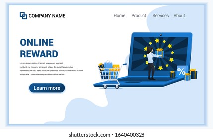 Online reward concept with a woman get a bonus gift. Customer loyalty program and bonus. Can use for landing page web banner, infographics, landing page, web template. Vector illustration