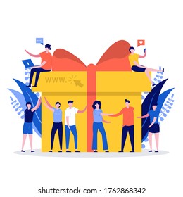 Online reward concept. Young group of happy people getting bonuses and receiving gift boxes. Vector illustration for loyalty program, promotion, marketing. Modern flat style design for landing page.