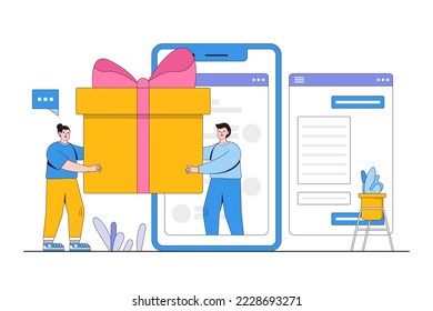 Konzept der Online-Belohnung. Junge Menschen erhalten Bonusse und erhalten Geschenkbox. Vektorgrafik für Treueprogramm, Promotion, Marketing. Modernes, flaches Design für die Landung.