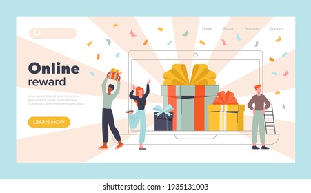 Online reward or digital referral program concept with gift wrapped boxes and group of diverse happy people celebrating, vector illustration website web page landing page, poster, banner template