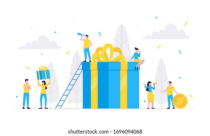 Online reward flat style design vector illustration business concept. Big gift box and tiny people standing up and shouting out to the people. Presents for new costomers and refer a friends.