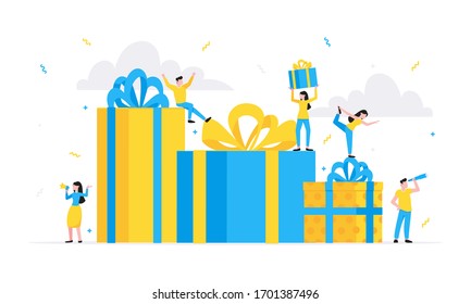 Online reward flat style design vector illustration business concept. Big gift boxes and tiny people standing up and shouting out to the people. Presents for new costomers and refer a friends.