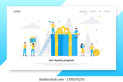 Online reward flat style design vector illustration landing page concept. Big gift box and tiny people standing up and shouting out to the people. Presents for new costomers and refer a friends.